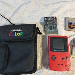 Game Boy Color Nintendo Red Bundle with Perfect Dark, Carrying Case, and Games L